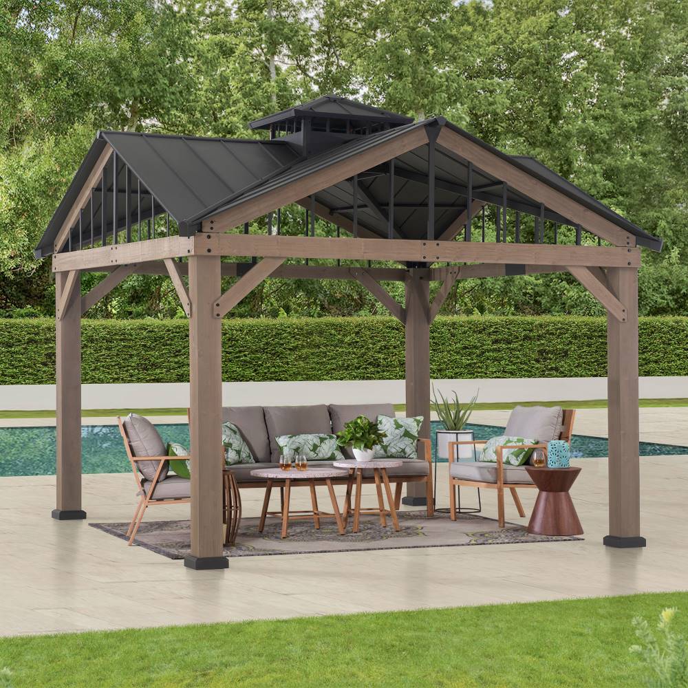 Mazonvintage 12x12 Heavy-Duty Wooden Gazebo, Hardtop Pavilion with Decorative Roof Vent