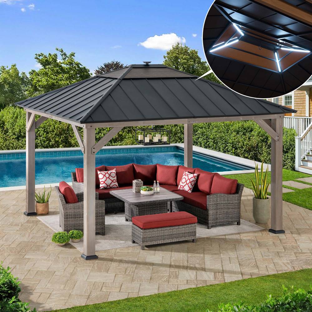 Mazonvintage 11x13 Wooden Gazebo with Solar Panel, LED Lights and Ceiling Hook - Driftwood Cedar