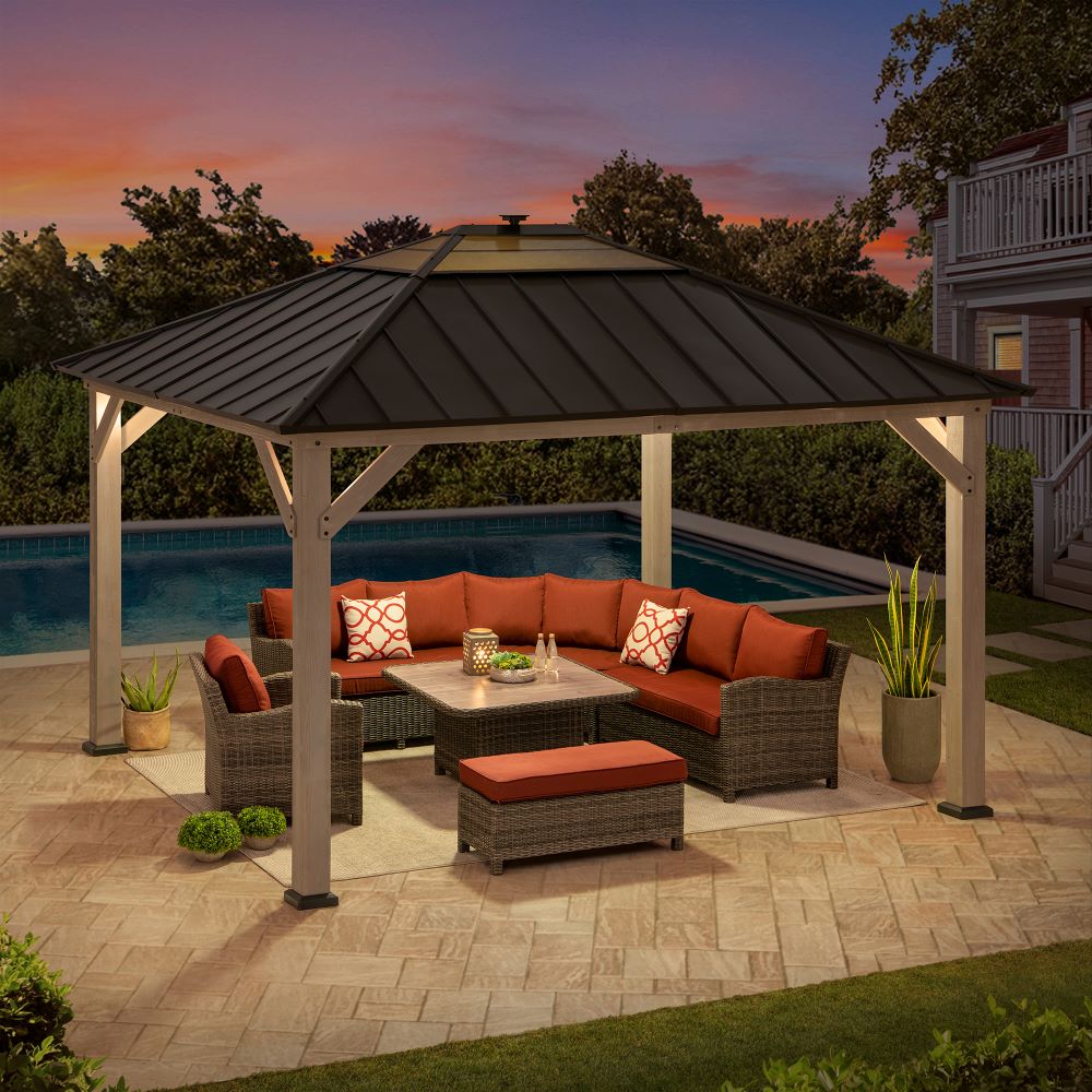 Mazonvintage 11x13 Wooden Gazebo with Solar Panel, LED Lights and Ceiling Hook - Driftwood Cedar