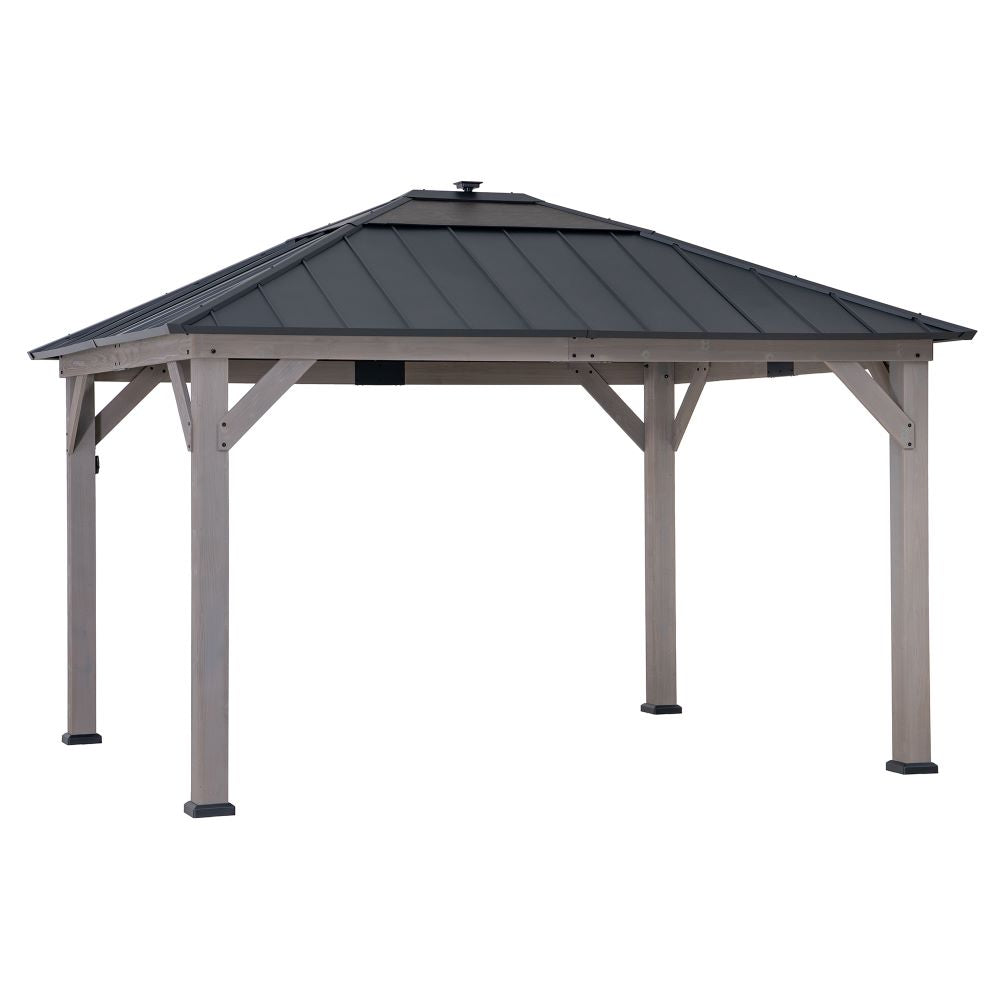 Mazonvintage 11x13 Wooden Gazebo with Solar Panel, LED Lights and Ceiling Hook - Driftwood Cedar