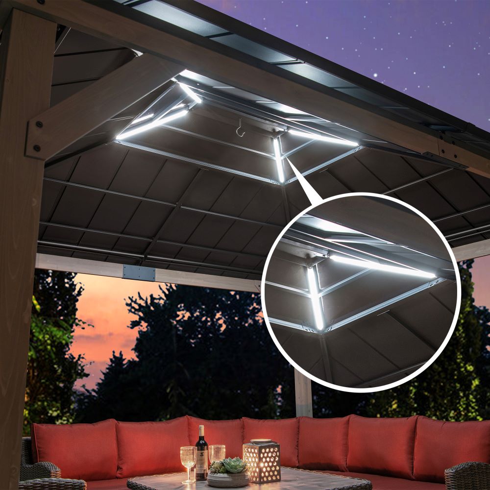 Mazonvintage 11x13 Wooden Gazebo with Solar Panel, LED Lights and Ceiling Hook - Driftwood Cedar
