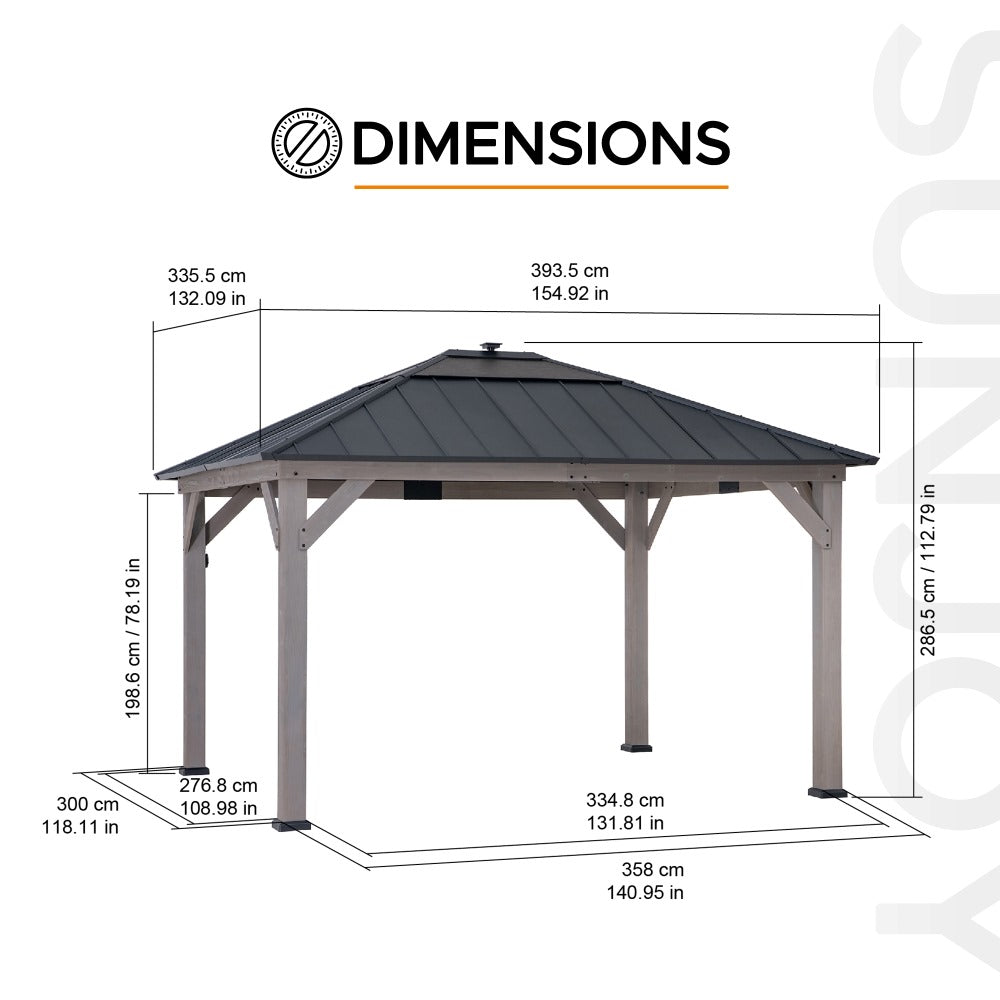 Mazonvintage 11x13 Wooden Gazebo with Solar Panel, LED Lights and Ceiling Hook - Driftwood Cedar
