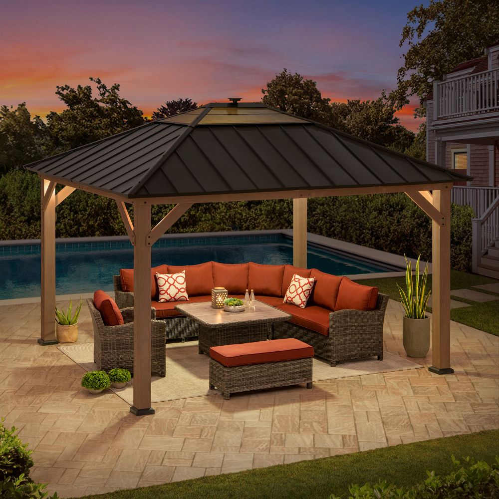 Mazonvintage 11x13 Wooden Gazebo with Solar Panel, LED Lights and Ceiling Hook - Weathered Cedar