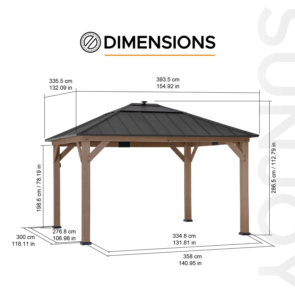 Mazonvintage 11x13 Wooden Gazebo with Solar Panel, LED Lights and Ceiling Hook - Weathered Cedar