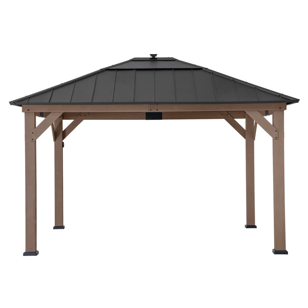 Mazonvintage 11x13 Wooden Gazebo with Solar Panel, LED Lights and Ceiling Hook - Weathered Cedar