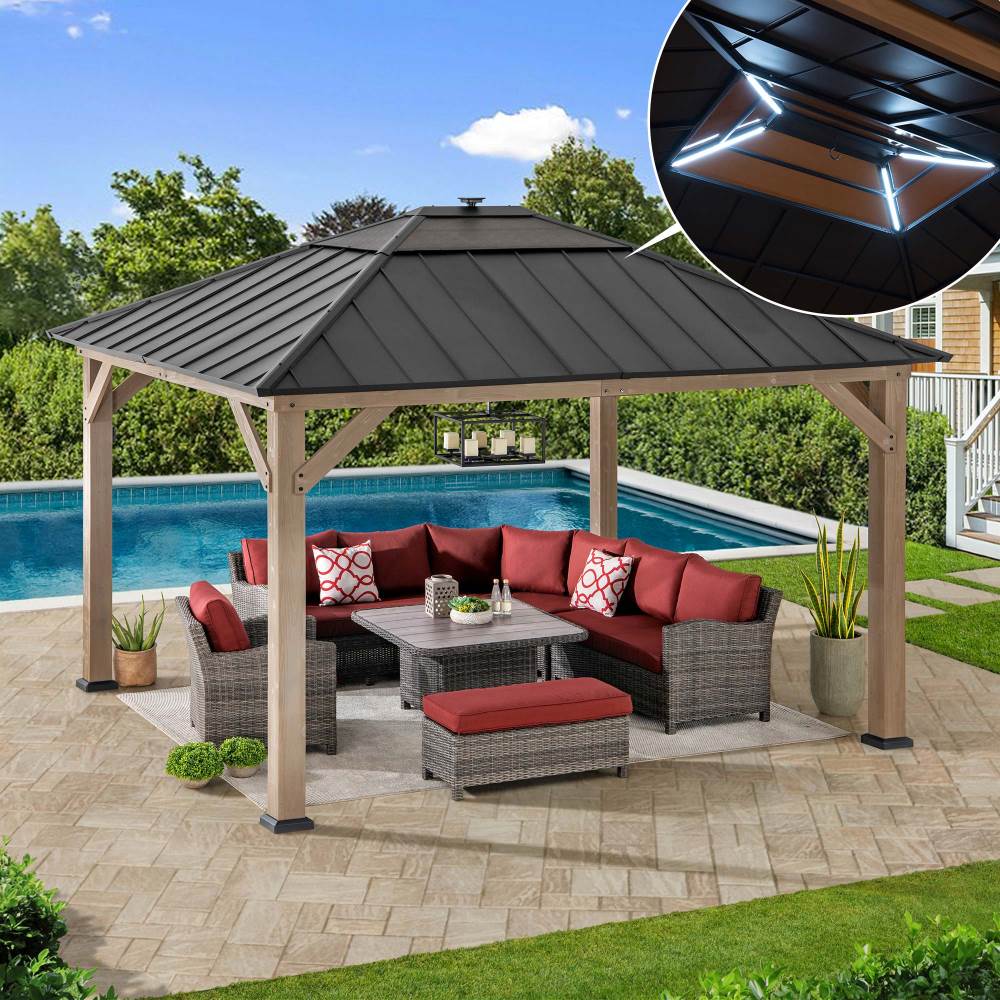 Mazonvintage 11x13 Wooden Gazebo with Solar Panel, LED Lights and Ceiling Hook - Weathered Cedar