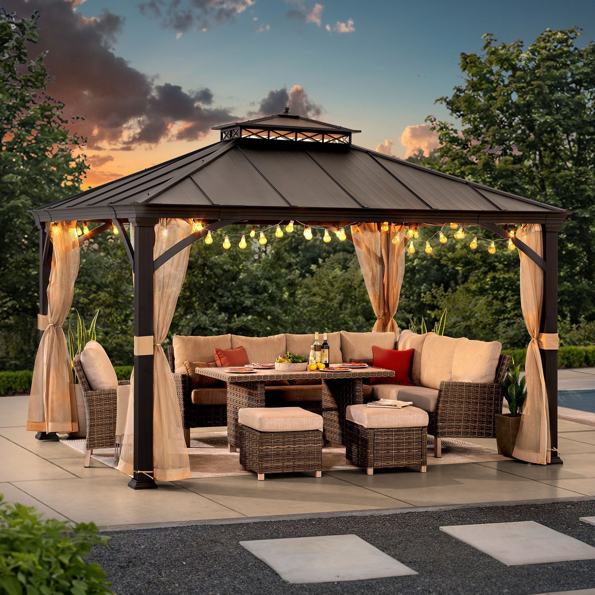 Mazonvintage 11x13 Metal Gazebo with Aluminum Frame and Privacy Netting