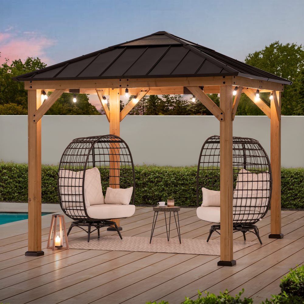 Mazonvintage 9x9 Cedar Gazebo with Brown Metal Roof and Ceiling Hook