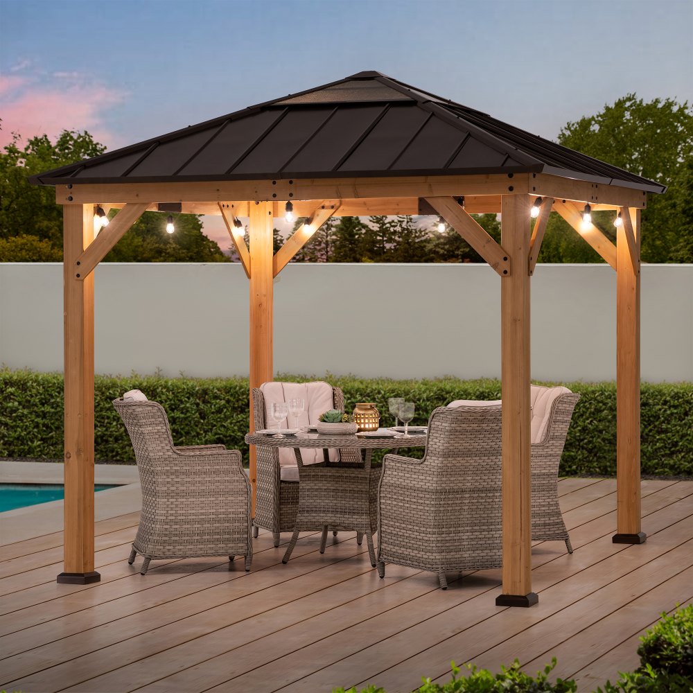 Mazonvintage 9x9 Cedar Gazebo with Brown Metal Roof and Ceiling Hook
