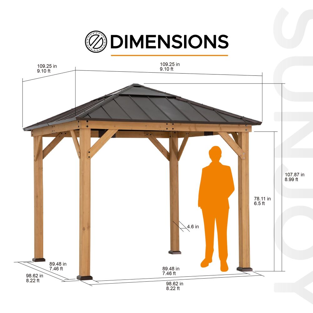 Mazonvintage 9x9 Cedar Gazebo with Brown Metal Roof and Ceiling Hook