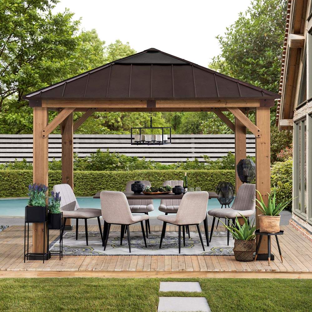 Mazonvintage 11x11 Small Outdoor Wooden Gazebo with Metal Roof and Skylight