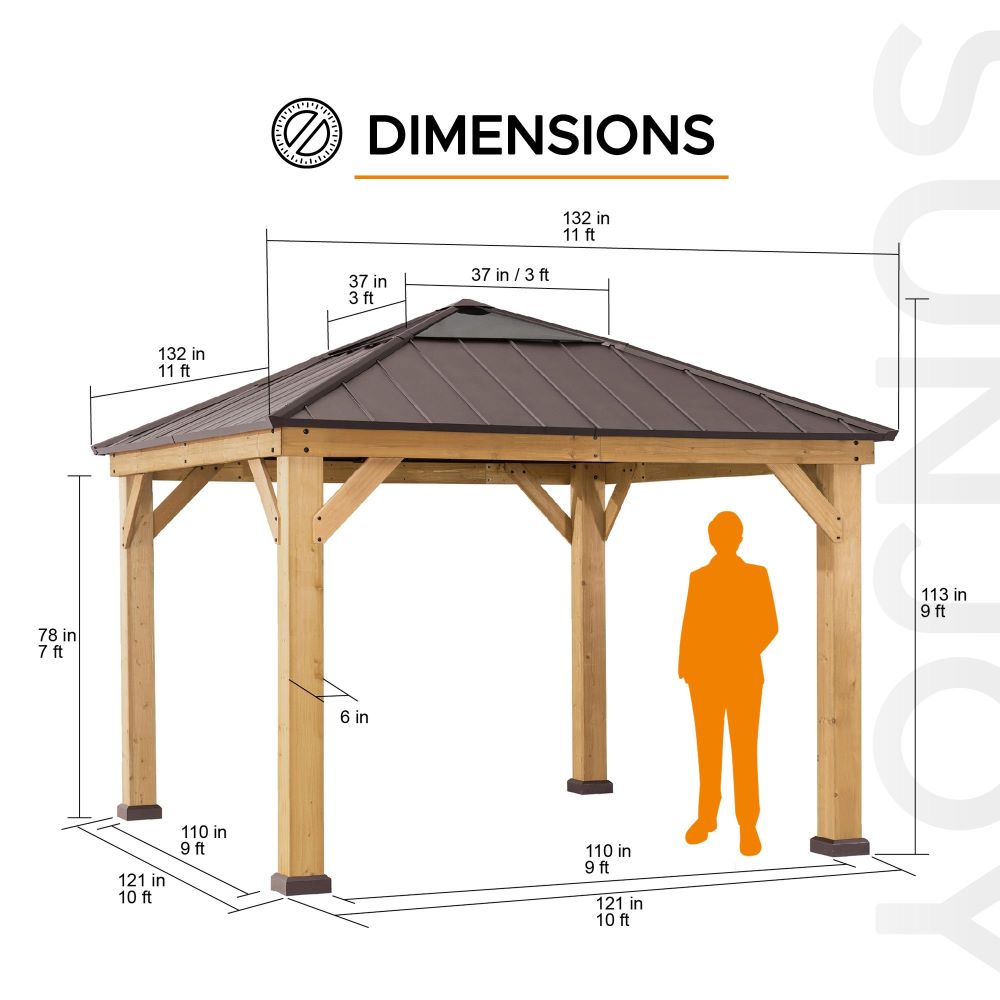 Mazonvintage 11x11 Small Outdoor Wooden Gazebo with Metal Roof and Skylight