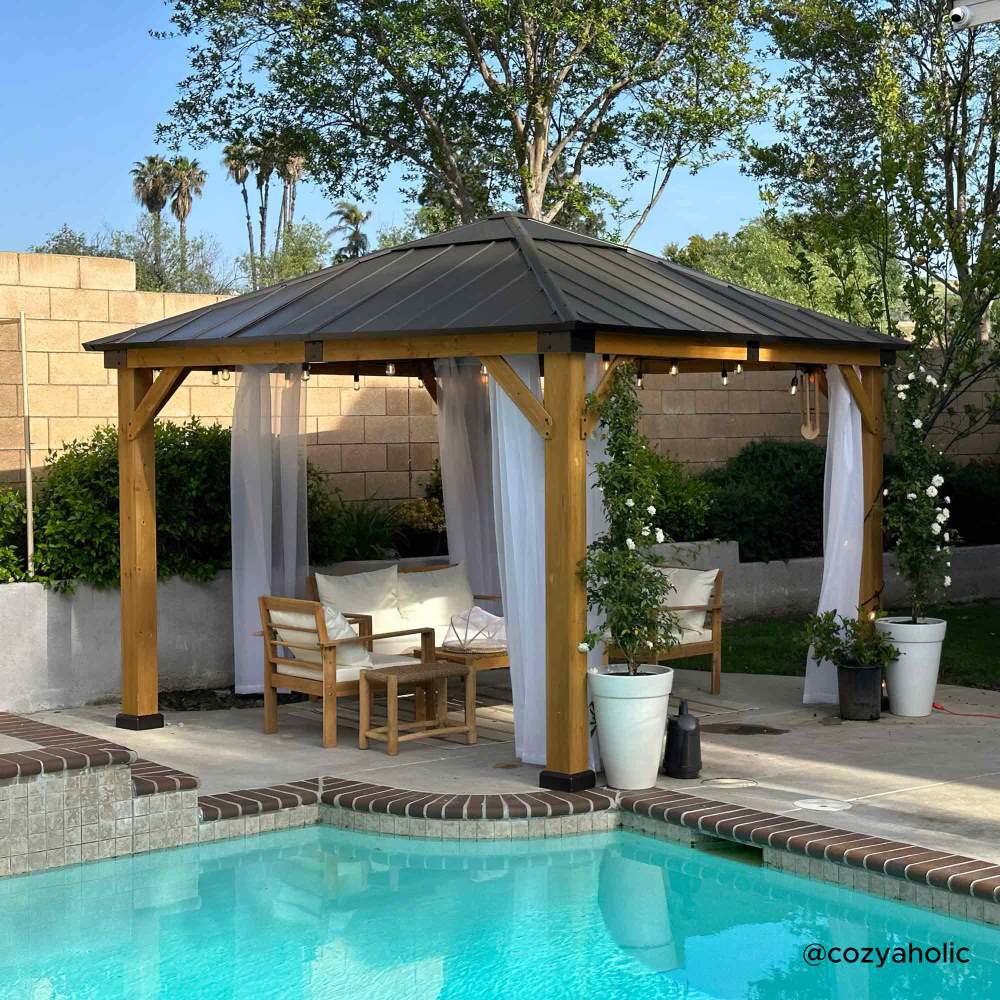 Mazonvintage 11x11 Small Outdoor Wooden Gazebo with Metal Roof and Skylight