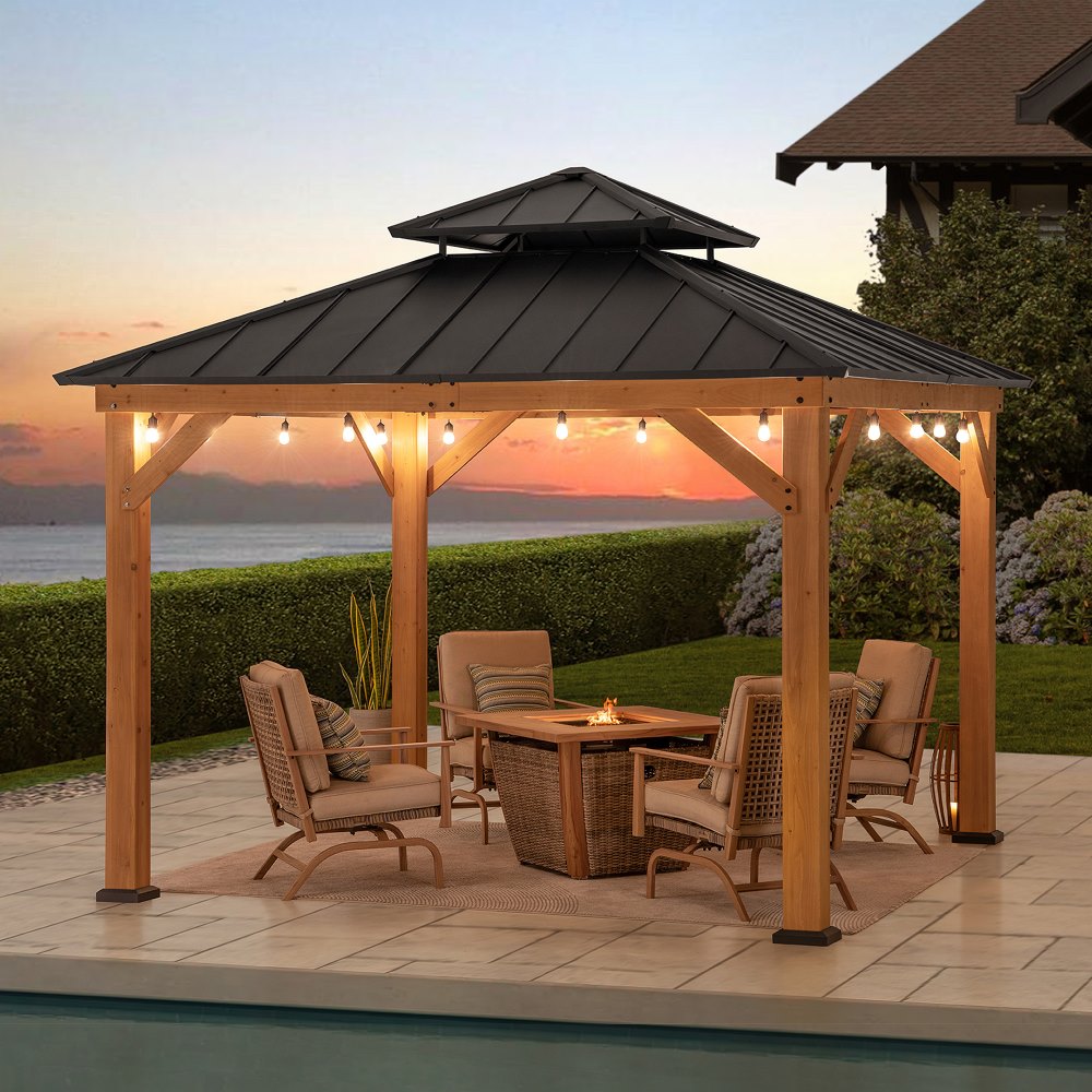 Mazonvintage 11x11 Wooden Frame Backyard Hardtop Gazebo with Ceiling Hook - Upgrade Natural Cedar