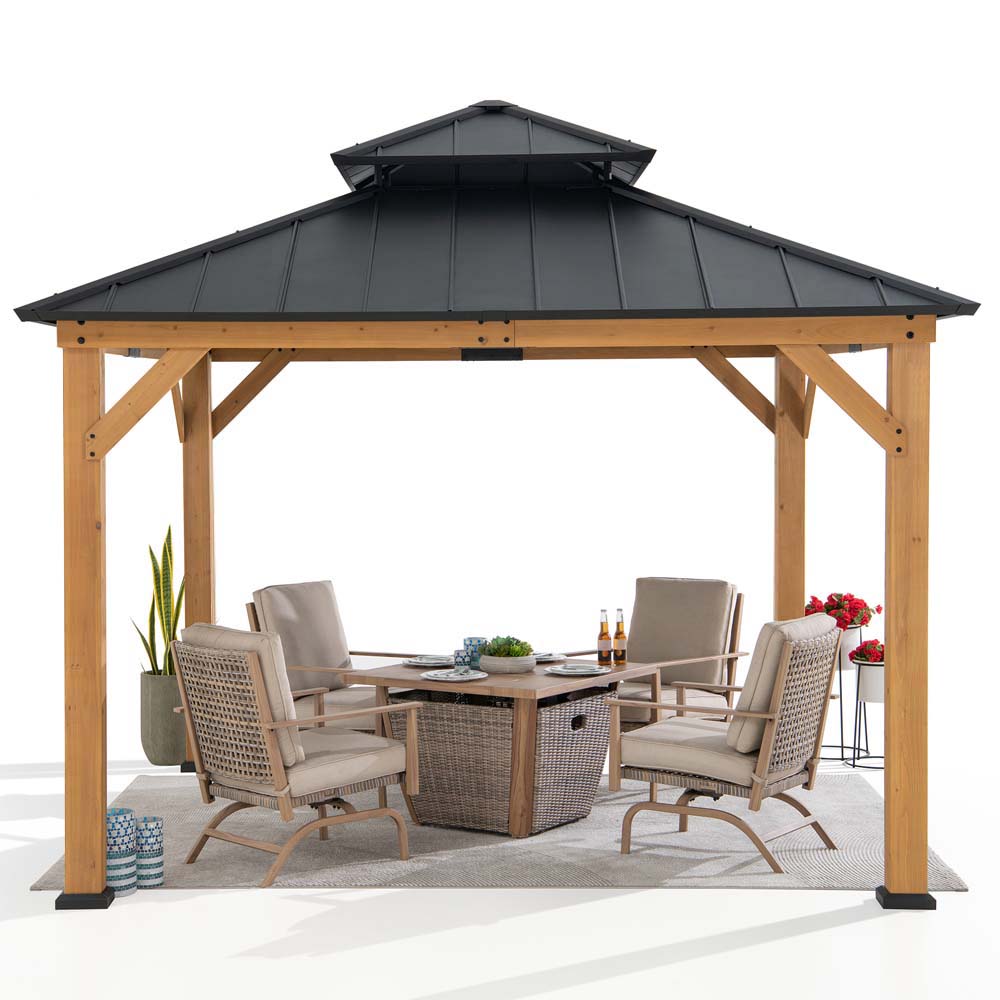 Mazonvintage 11x11 Wooden Frame Backyard Hardtop Gazebo with Ceiling Hook - Upgrade Natural Cedar