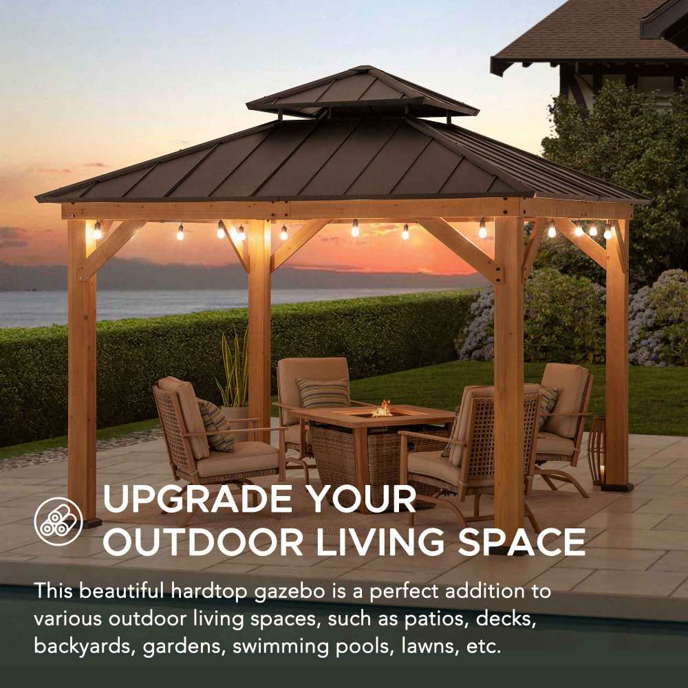 Mazonvintage 11x11 Wooden Frame Backyard Hardtop Gazebo with Ceiling Hook - Upgrade Natural Cedar