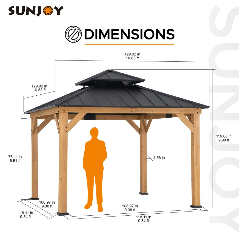 Mazonvintage 11x11 Wooden Frame Backyard Hardtop Gazebo with Ceiling Hook - Upgrade Natural Cedar
