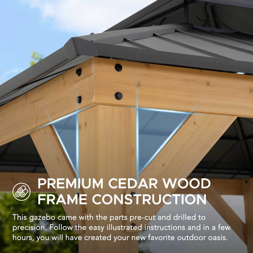 Mazonvintage 11x11 Wooden Frame Backyard Hardtop Gazebo with Ceiling Hook - Upgrade Natural Cedar