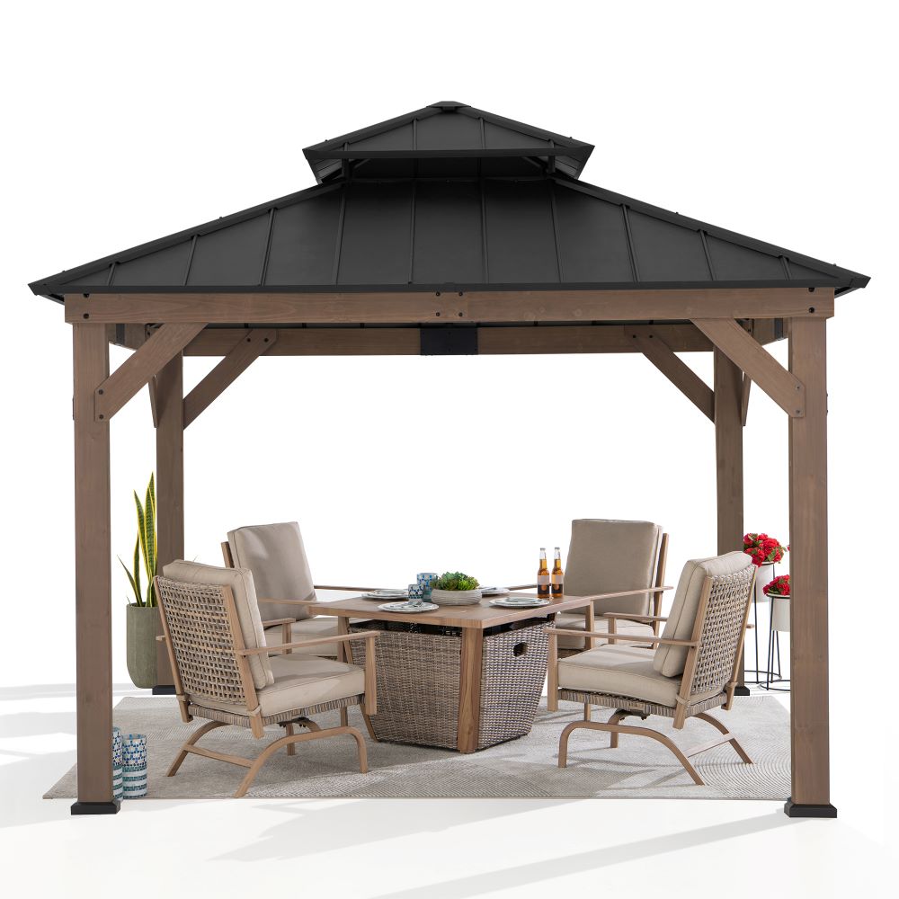 Mazonvintage 11x11 Wooden Frame Backyard Hardtop Gazebo with Ceiling Hook - Upgrade Weathered Cedar