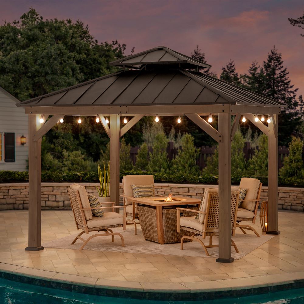 Mazonvintage 11x11 Wooden Frame Backyard Hardtop Gazebo with Ceiling Hook - Upgrade Weathered Cedar