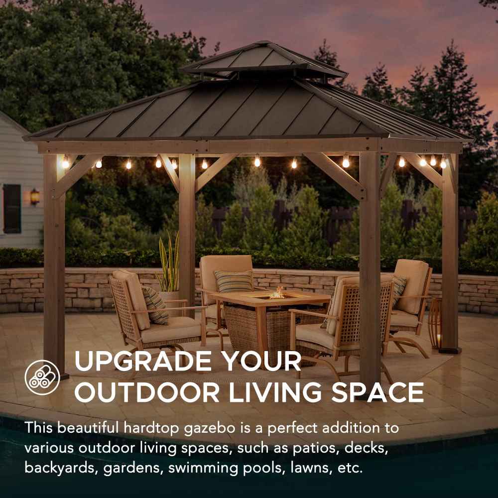 Mazonvintage 11x11 Wooden Frame Backyard Hardtop Gazebo with Ceiling Hook - Upgrade Weathered Cedar