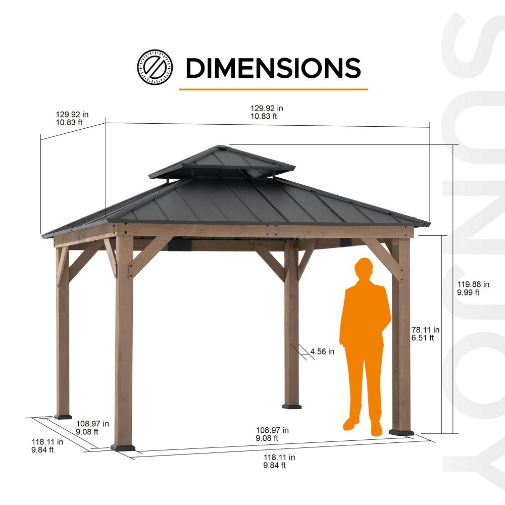 Mazonvintage 11x11 Wooden Frame Backyard Hardtop Gazebo with Ceiling Hook - Upgrade Weathered Cedar