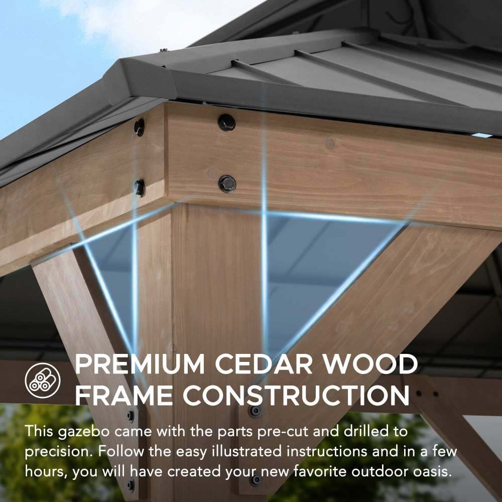 Mazonvintage 11x11 Wooden Frame Backyard Hardtop Gazebo with Ceiling Hook - Upgrade Weathered Cedar