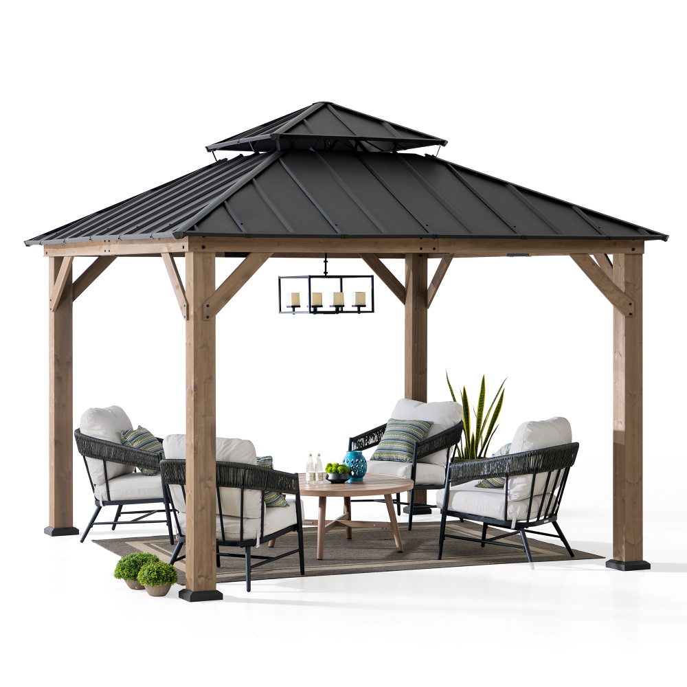 Mazonvintage 11x11 Wooden Frame Backyard Hardtop Gazebo with Ceiling Hook - Standard Warm Cedar