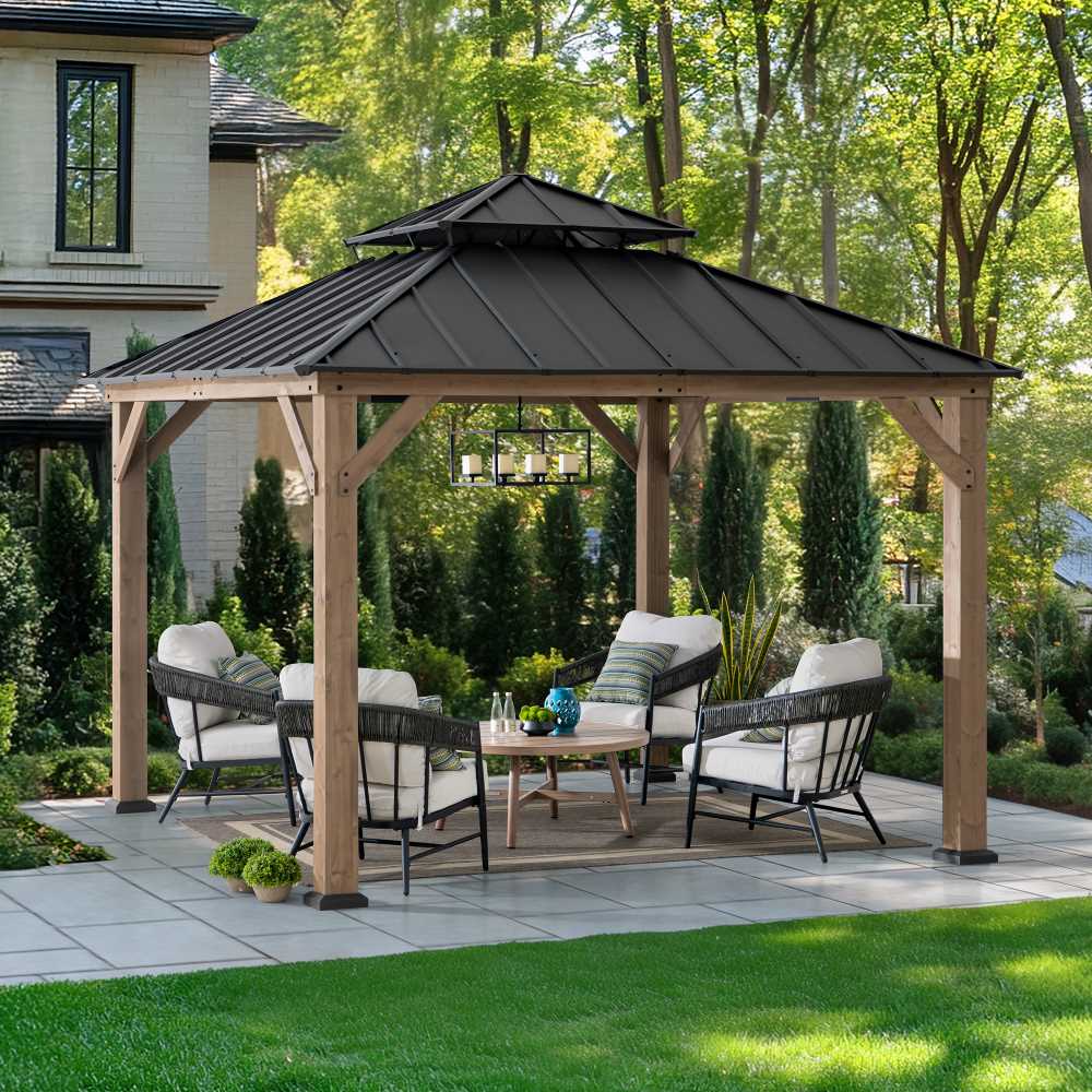 Mazonvintage 11x11 Wooden Frame Backyard Hardtop Gazebo with Ceiling Hook - Standard Warm Cedar