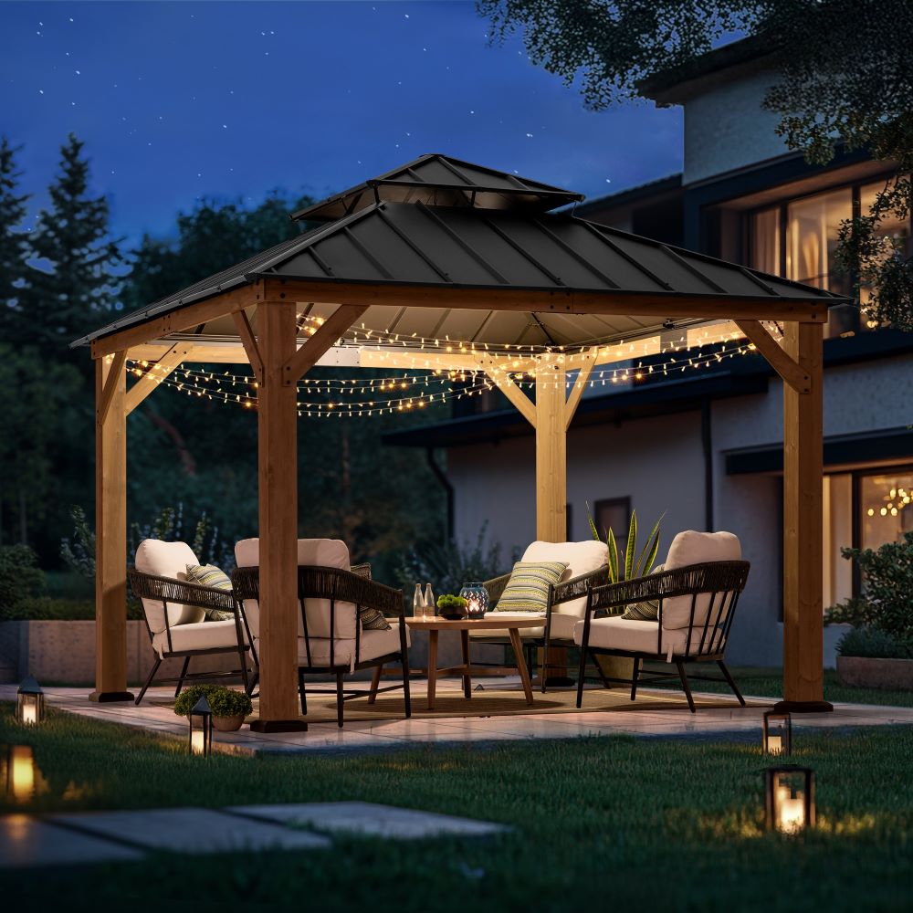 Mazonvintage 11x11 Wooden Frame Backyard Hardtop Gazebo with Ceiling Hook - Standard Warm Cedar
