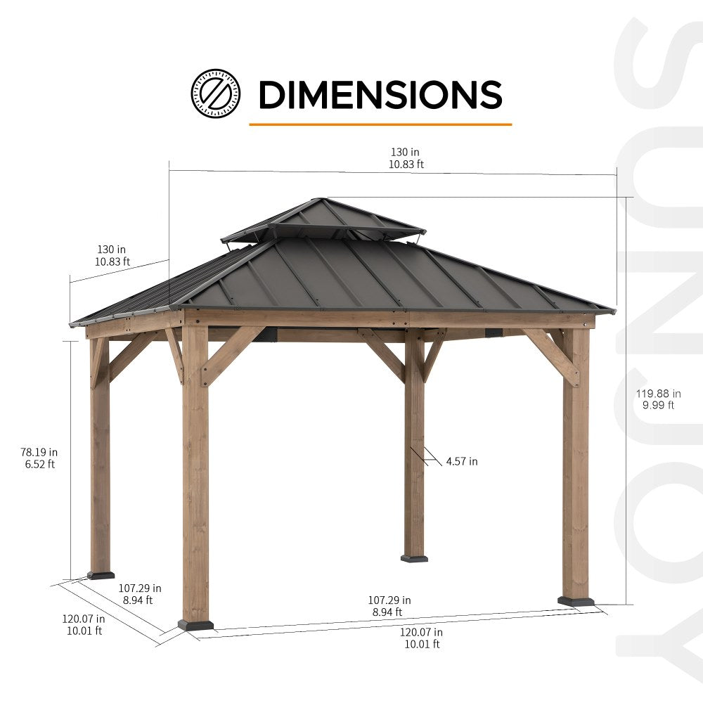 Mazonvintage 11x11 Wooden Frame Backyard Hardtop Gazebo with Ceiling Hook - Standard Warm Cedar