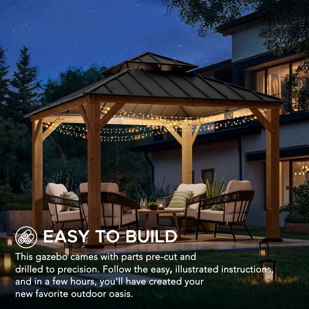Mazonvintage 11x11 Wooden Frame Backyard Hardtop Gazebo with Ceiling Hook - Standard Warm Cedar