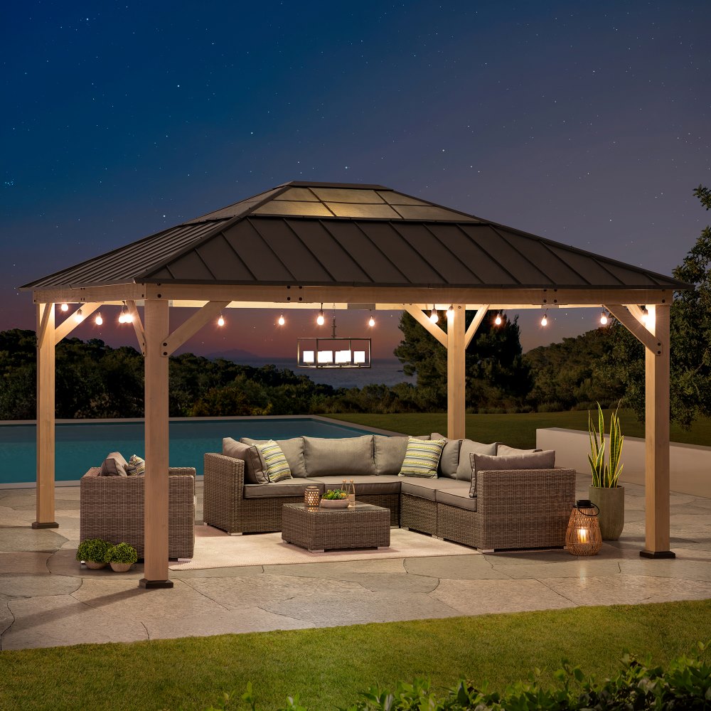 Mazonvintage 13x15 Wooden Gazebo with Translucent Skylight and Ceiling Hook - Weathered Cedar