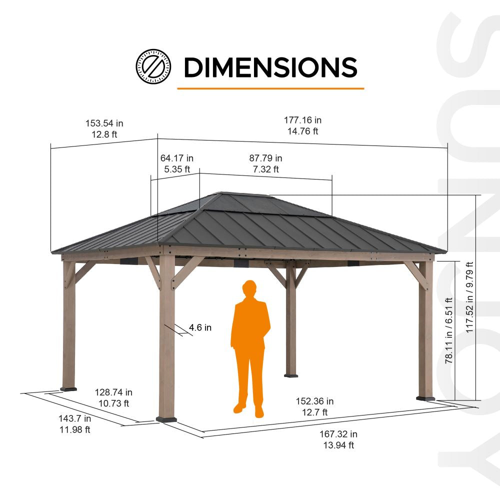 Mazonvintage 13x15 Wooden Gazebo with Translucent Skylight and Ceiling Hook - Weathered Cedar