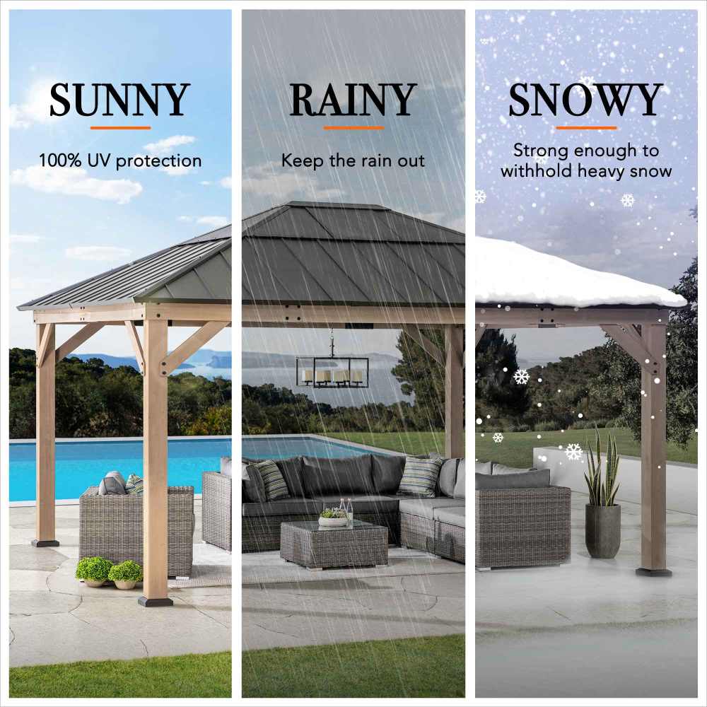 Mazonvintage 13x15 Wooden Gazebo with Translucent Skylight and Ceiling Hook - Weathered Cedar