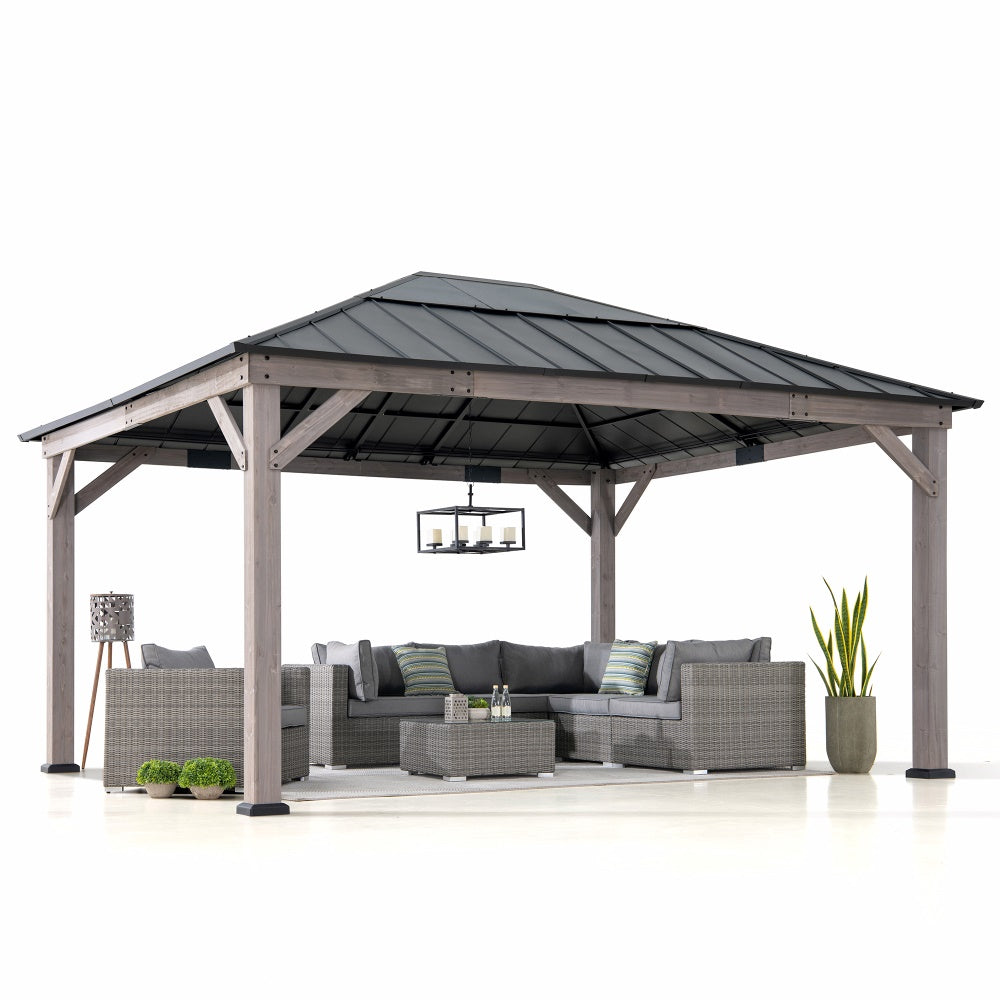 Mazonvintage 13x15 Wooden Gazebo with Translucent Skylight and Ceiling Hook - Driftwood Cedar