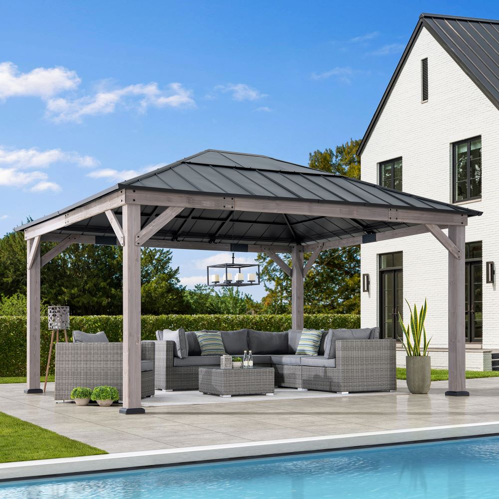 Mazonvintage 13x15 Wooden Gazebo with Translucent Skylight and Ceiling Hook - Driftwood Cedar