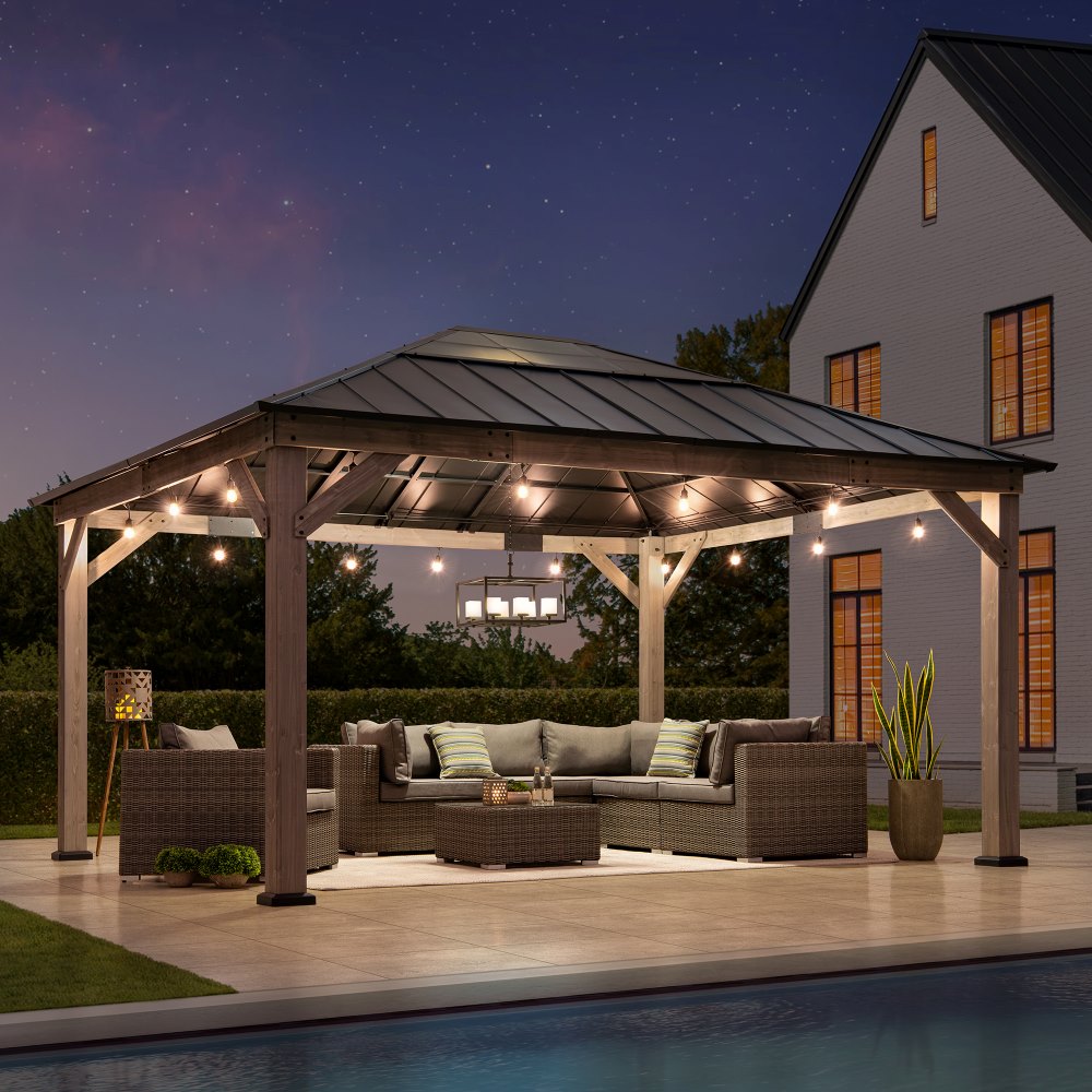 Mazonvintage 13x15 Wooden Gazebo with Translucent Skylight and Ceiling Hook - Driftwood Cedar
