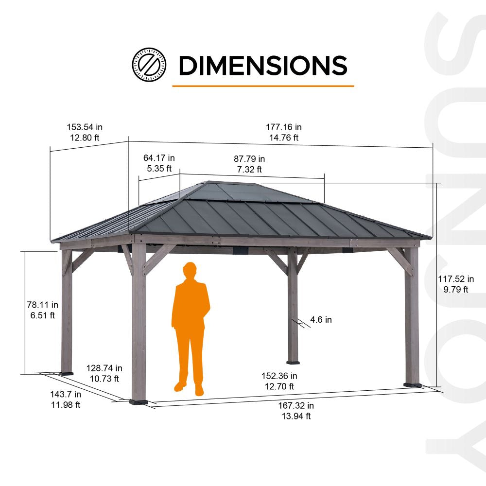 Mazonvintage 13x15 Wooden Gazebo with Translucent Skylight and Ceiling Hook - Driftwood Cedar