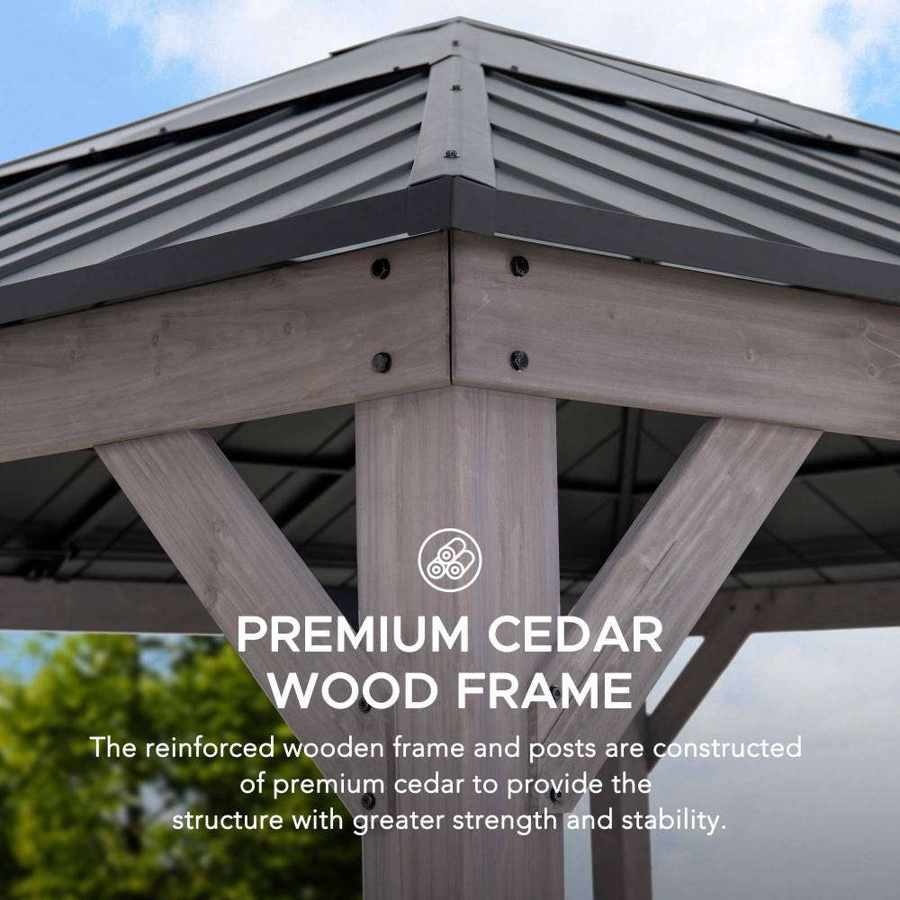 Mazonvintage 13x15 Wooden Gazebo with Translucent Skylight and Ceiling Hook - Driftwood Cedar