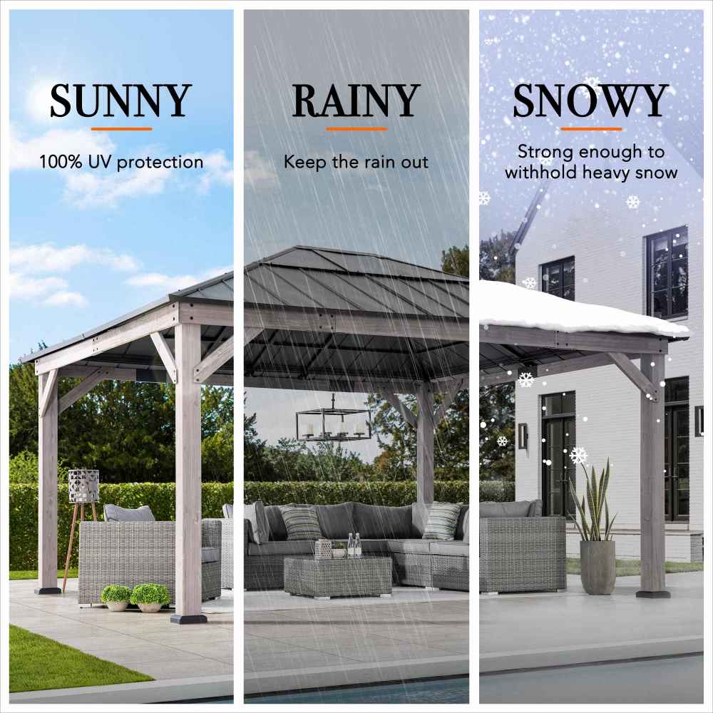 Mazonvintage 13x15 Wooden Gazebo with Translucent Skylight and Ceiling Hook - Driftwood Cedar