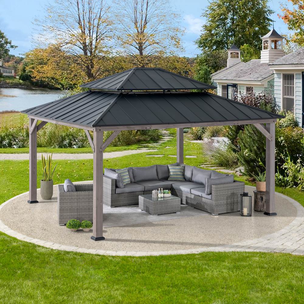 Mazonvintage 13x15 Wooden Backyard Gazebo with Ceiling Hook - Driftwood Cedar