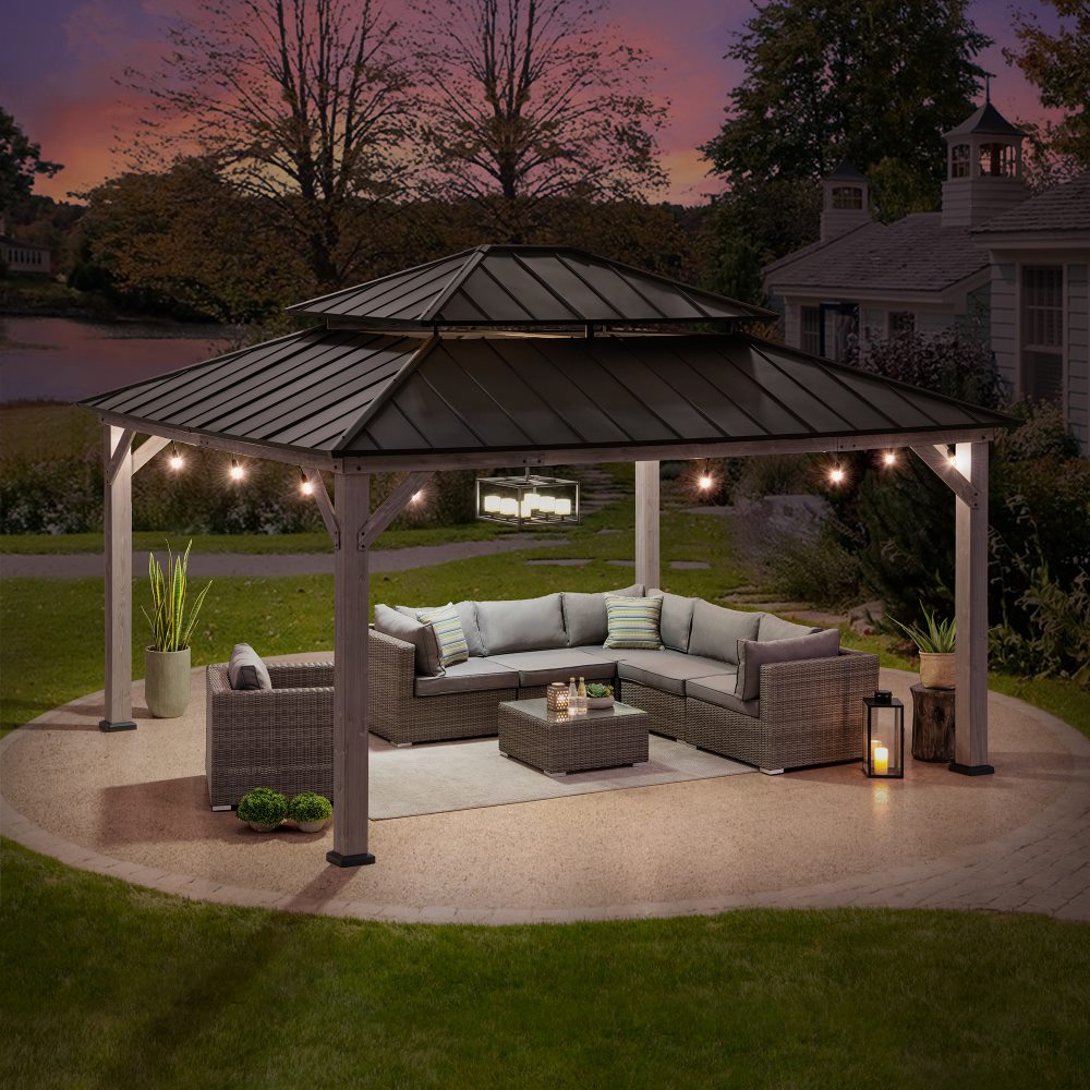 Mazonvintage 13x15 Wooden Backyard Gazebo with Ceiling Hook - Driftwood Cedar