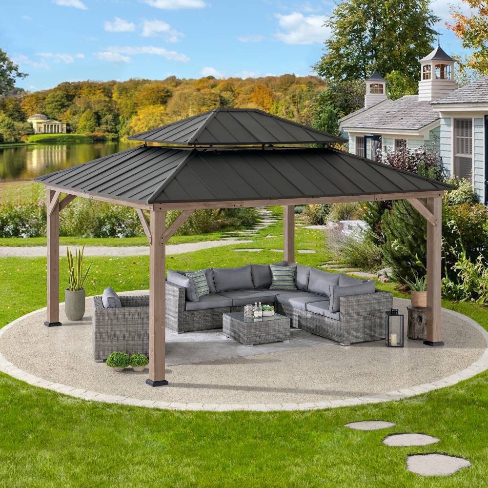 Mazonvintage 13x15 Wooden Backyard Gazebo with Ceiling Hook - Weathered Cedar