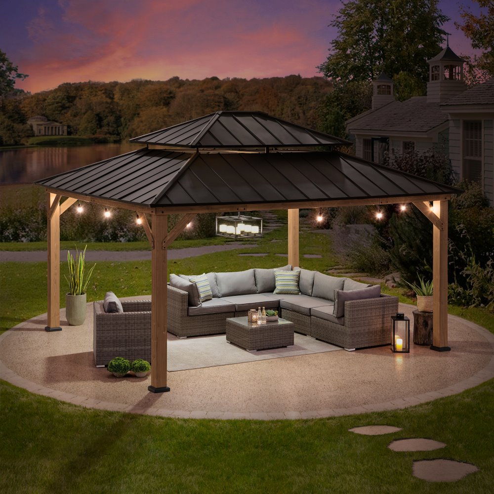 Mazonvintage 13x15 Wooden Backyard Gazebo with Ceiling Hook - Weathered Cedar