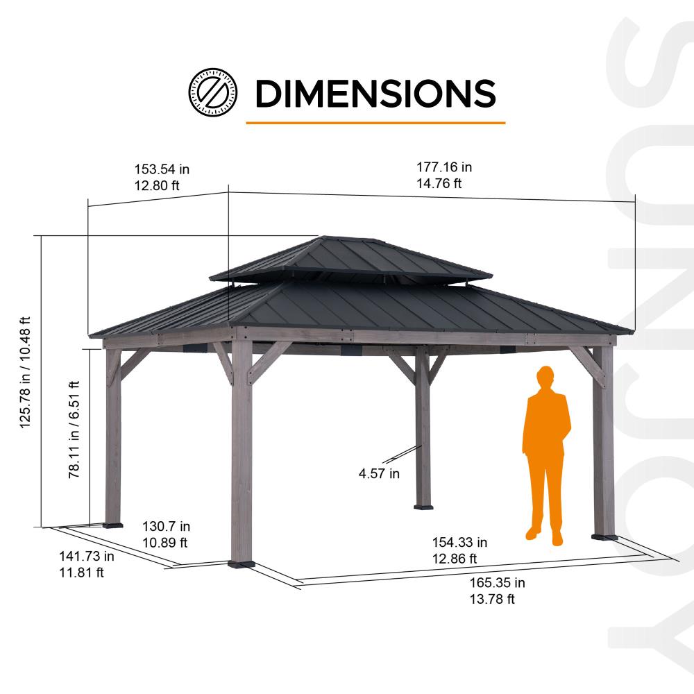 Mazonvintage 13x15 Wooden Backyard Gazebo with Ceiling Hook - Weathered Cedar