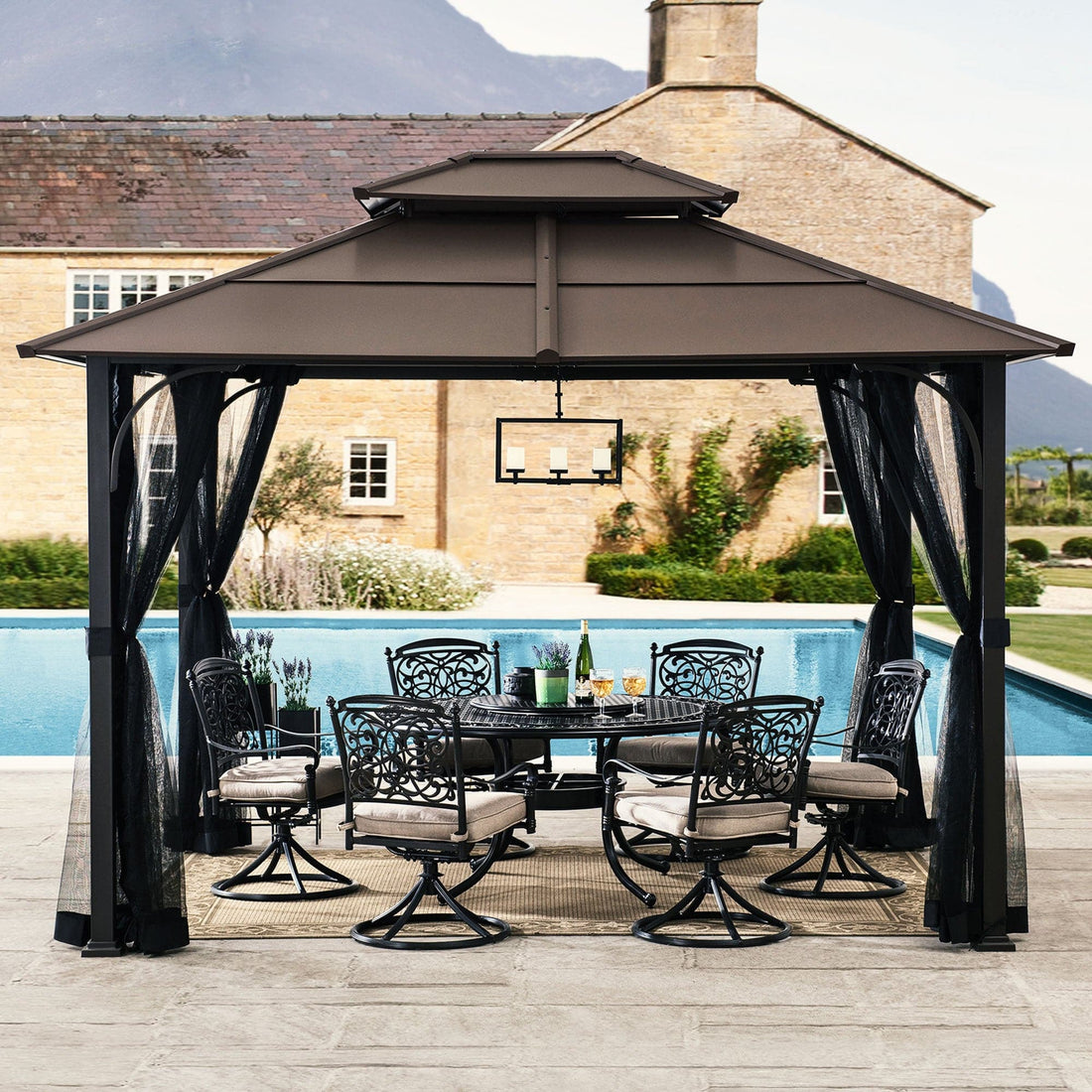 Mazonvintage 10x12 Metal Hardtop Gazebo with Netting and Ceiling Hook