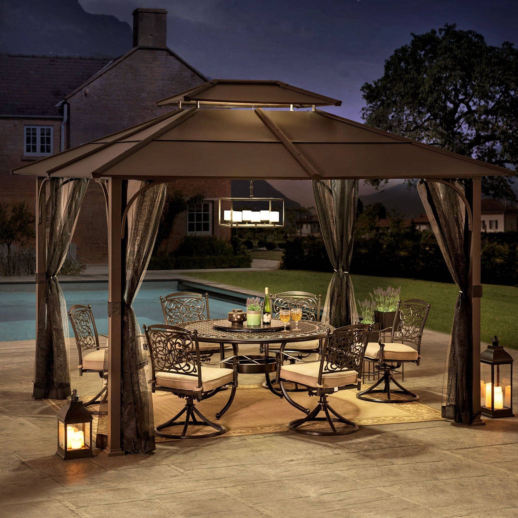 Mazonvintage 10x12 Metal Hardtop Gazebo with Netting and Ceiling Hook