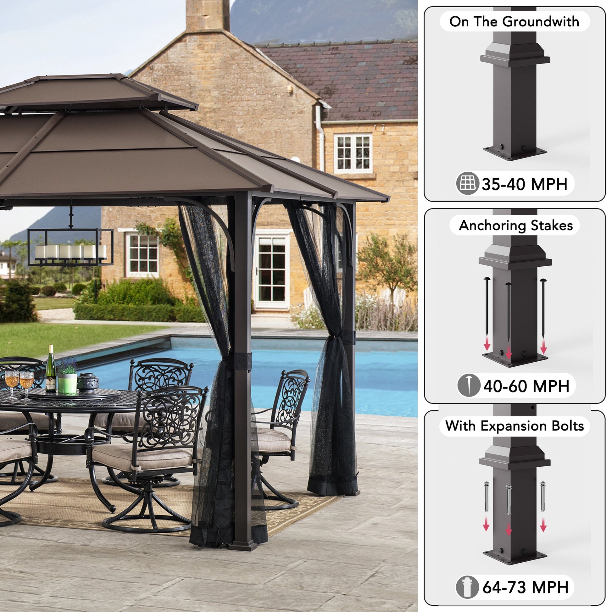 Mazonvintage 10x12 Metal Hardtop Gazebo with Netting and Ceiling Hook