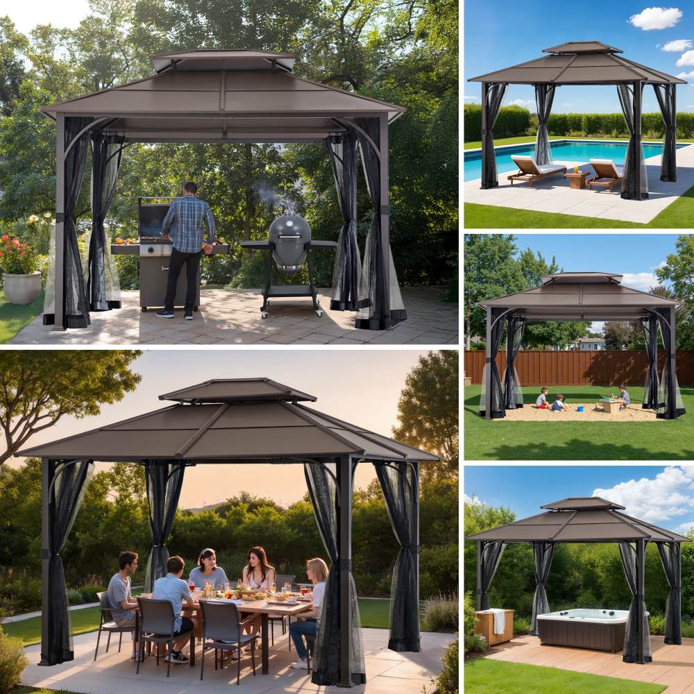 Mazonvintage 10x12 Metal Hardtop Gazebo with Netting and Ceiling Hook